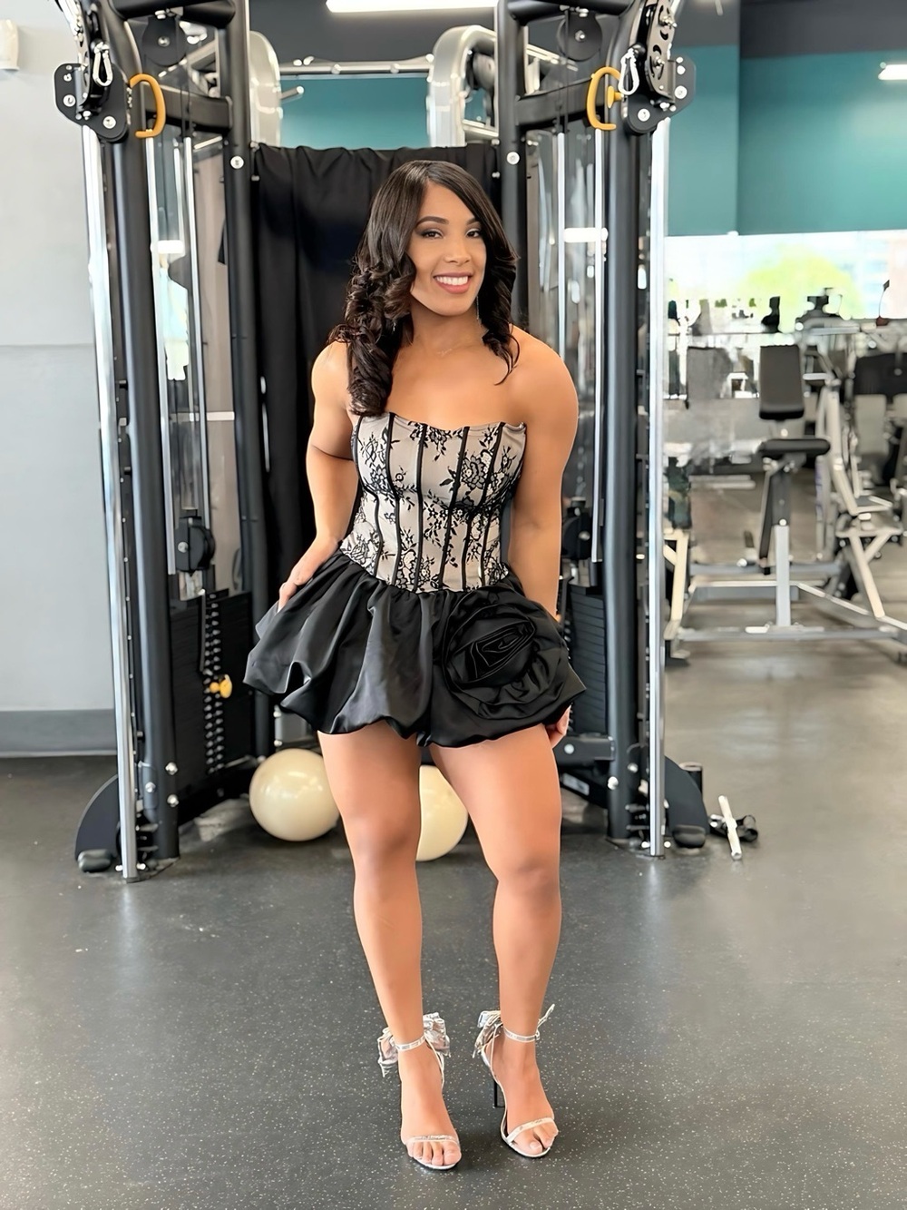 Black Lace Corset Mini Dress with Rose Accent